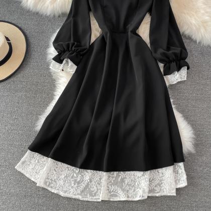 Black A Line Lace Short Dress Lace-up Fashion..