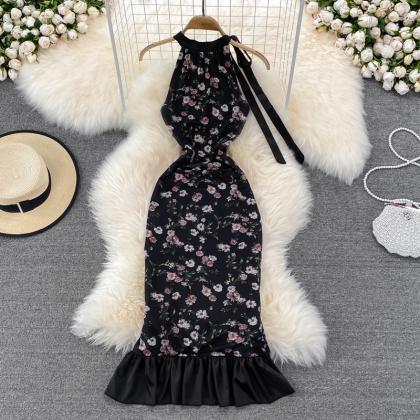 Black Slim Floral Pattern Off-the-shoulder Dress..