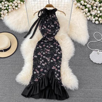 Black Slim Floral Pattern Off-the-shoulder Dress..