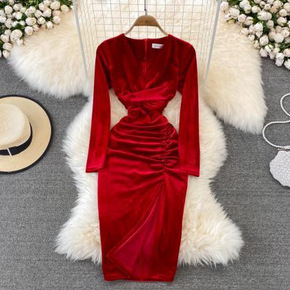 Simple V Neck Velvet Long Sleeve Dress Fashion Dress on Luulla