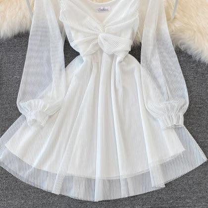 White V Neck Short Dress A Line Long Sleeve Dress on Luulla