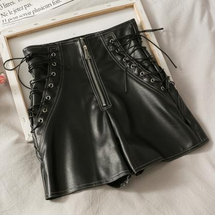 Cute Lace-up Pu Leather Shorts