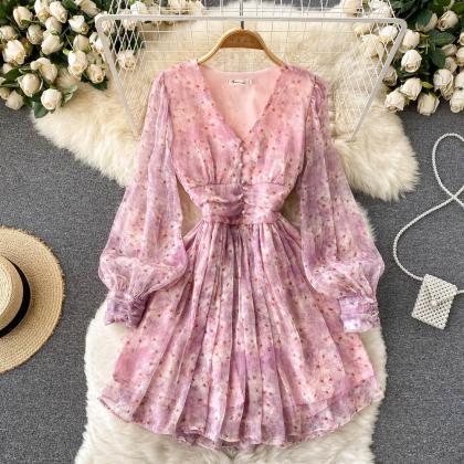 Pink V-neck Floral Short Dress A Line Fashion..