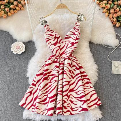 Cute V-neckline Zebra Print Short Dress