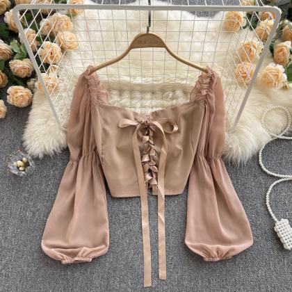 Cute lace- up long sleeve top crop ..