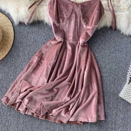 Cute velvet short A line dress fash..