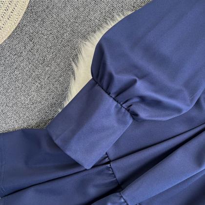 Simple Blue Long Sleeve Shirt Dress