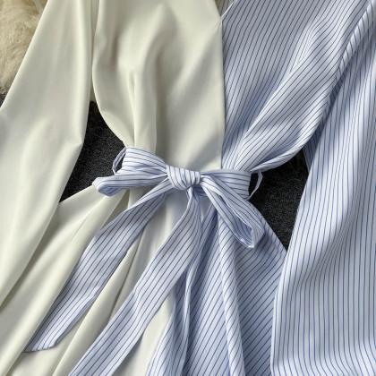 Fashionable Striped Long-sleeved Irregular Dress