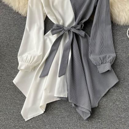 Fashionable Striped Long-sleeved Irregular Dress