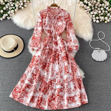 A Line Long Sleeve Floral Dress Fashion Dress