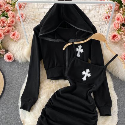 Loose Short Hooded Jacket Two-piece Sets Elastic..