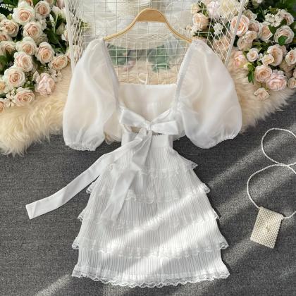 Cute bow dress white A line fashion..