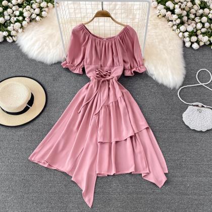 Simple Lace-up Dress With Irregular Dress