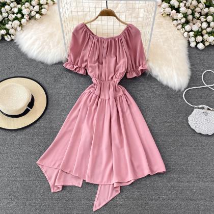 Simple Lace-up Dress With Irregular Dress