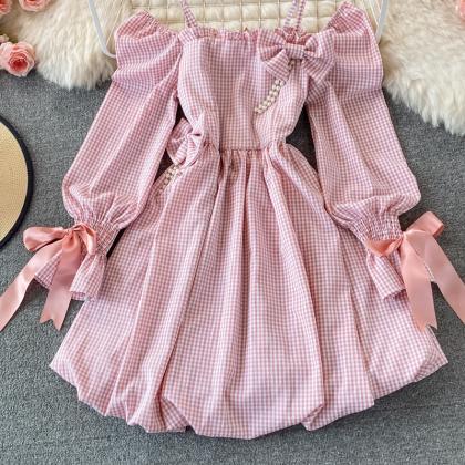 Cute Checkered Bow Long Sleeve Dress Fashion Dress