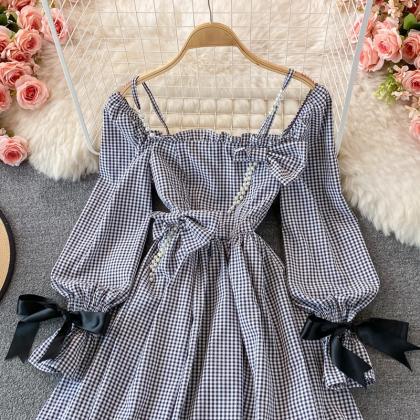 Cute Checkered Bow Long Sleeve Dress Fashion Dress
