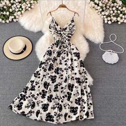 Cute A line floral dress fashion dr..