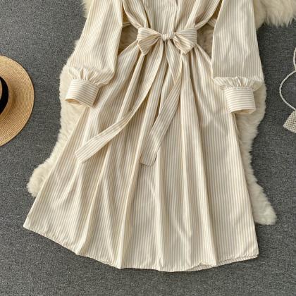 Simple Striped Long Sleeve Shirt Dress