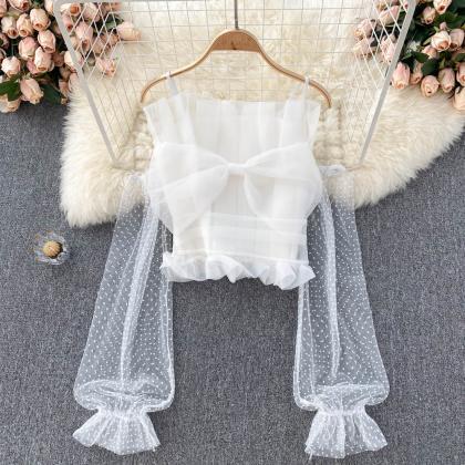 Cute Tulle Bow Long Sleeve Tops Crop Tops