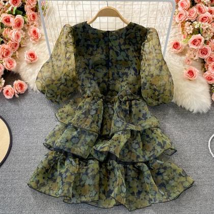 Cute Tulle Floral Short Dress Green Fashion Dress