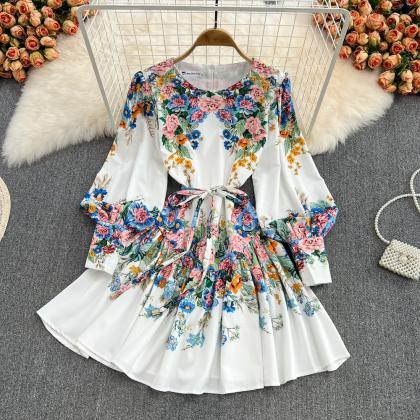 Cute A Line Floral Pattern Short Dress White..