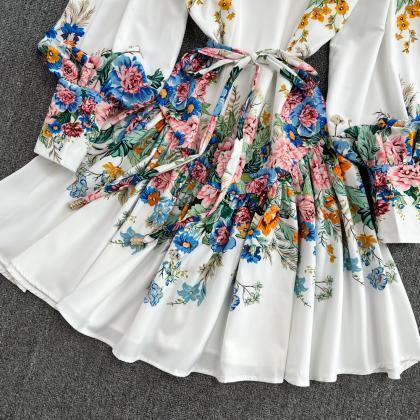 Cute A Line Floral Pattern Short Dress White..
