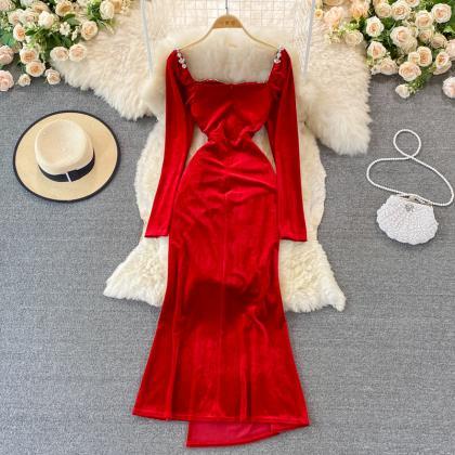 Elegant Vlevet Long Sleeve Dress Fashion Dress
