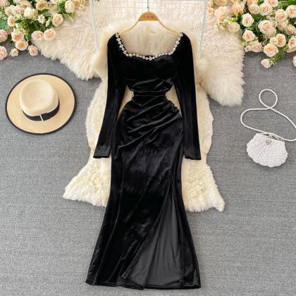 Elegant Vlevet Long Sleeve Dress Fashion Dress