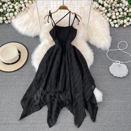 Black Irregular Backless Dress A Line Fashion..