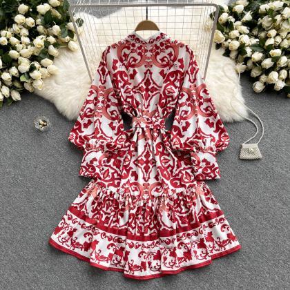 Stylish Printed Pattern Long Sleeve Dress