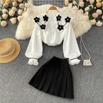 Cute Flower Top + Black Pleated Skirt