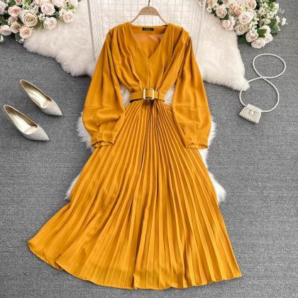 Simple V Neck Long Sleeve Dress Fashion Dress
