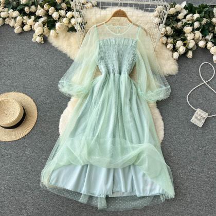 Green Tulle Long Sleeve Dress Fashion Dress