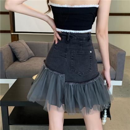 Cute Denim Patchwork Skirt A Line Skirt