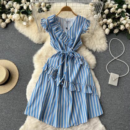 Cute V -neckline Striped Short Dress