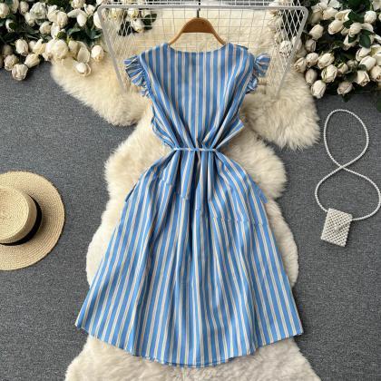 Cute V -neckline Striped Short Dress