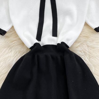 Cute White And Black Knitted Dress