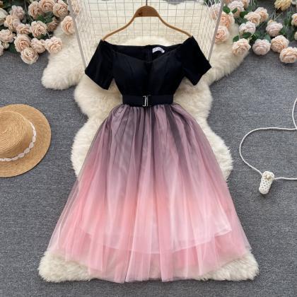 Black And Pink Tulle Short A Line Dress Fashion..