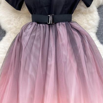 Black And Pink Tulle Short A Line Dress Fashion..