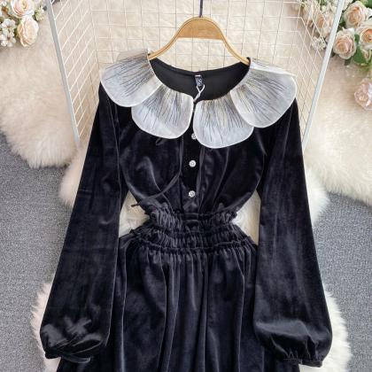 Black Velvet A-line Long Sleeve Dress, Black..