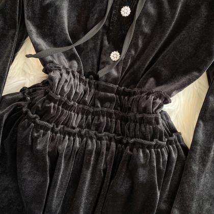 Black Velvet A-line Long Sleeve Dress, Black..