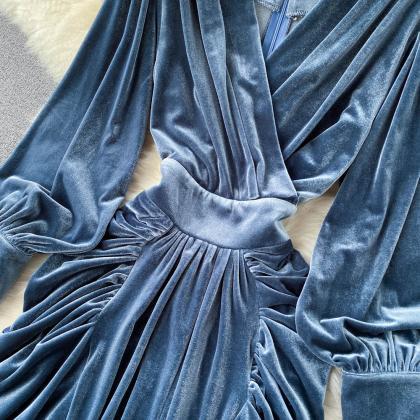 Blue V-Neck Velvet Dress, Long Slee..