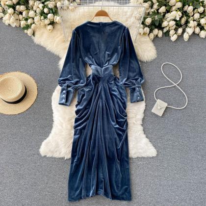 Blue V-Neck Velvet Dress, Long Slee..
