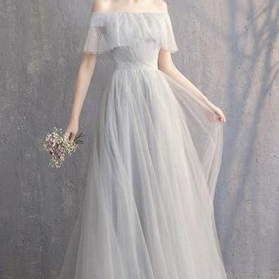 Gray tulle long prom dress simple evening dress