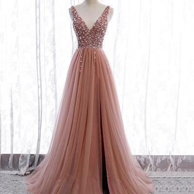 Pink v neck tulle beads prom dress pink evening dress