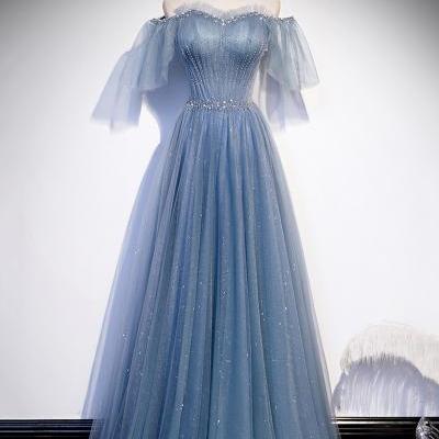 High quality tulle beads long prom dress blue evening dress