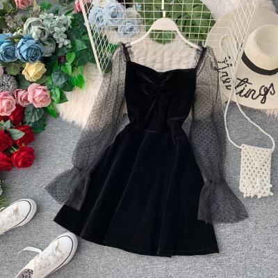 Black velvet short dress black fashion dress