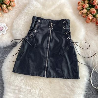Black A line PU leather skirt