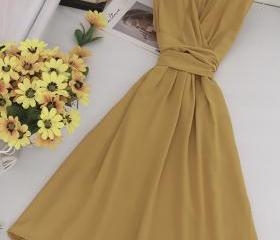 V-neck Simple Chiffon Full Length Dresses Sunset