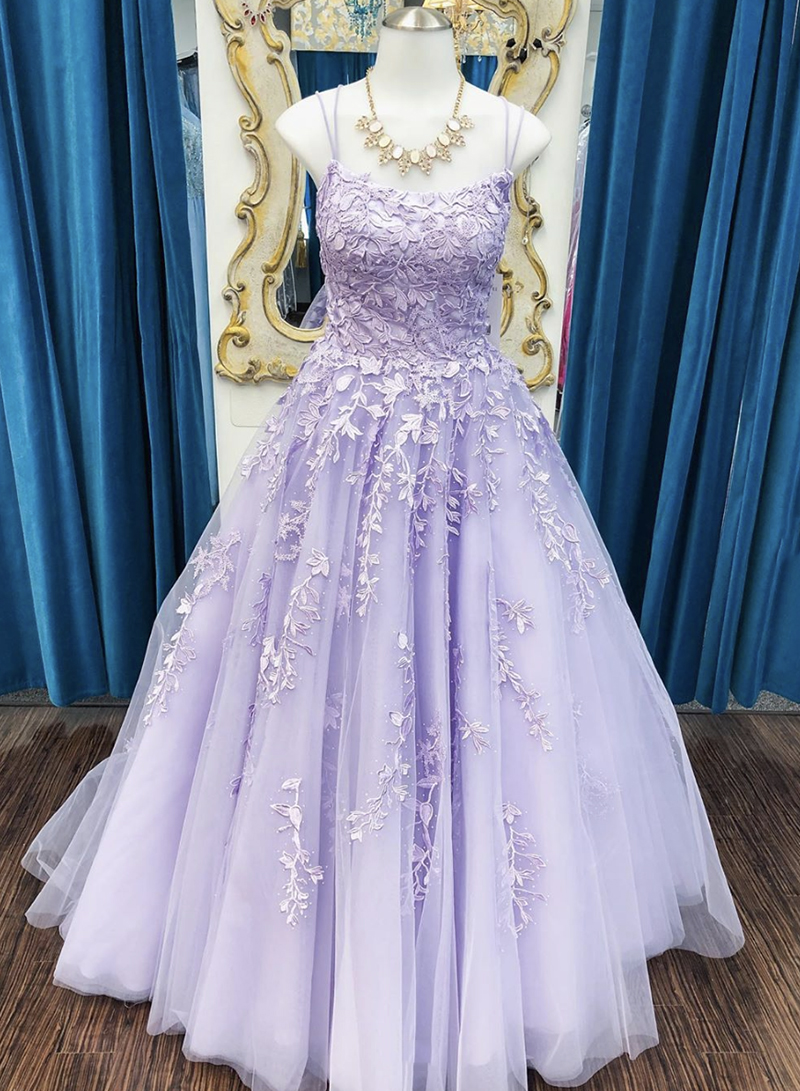 Purple tulle lace long prom dress formal dress